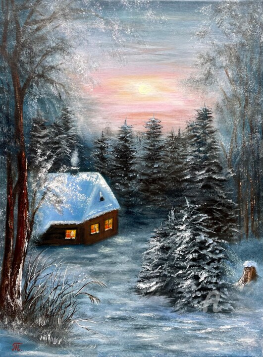 Картина под названием "Winter Evening" - Tanja Frost, Подлинное произведение искусства, Масло Установлен на Деревянная рама…