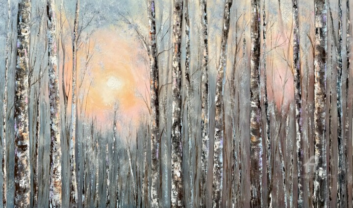 Schilderij getiteld "Enchanted Birch Gro…" door Tanja Frost, Origineel Kunstwerk, Olie Gemonteerd op Frame voor houten branc…