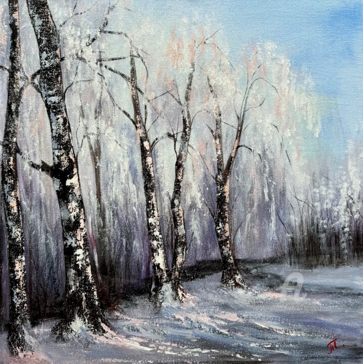 Painting titled "Silvery Symphony" by Tanja Frost, Original Artwork, Acrylic Mounted on Wood Stretcher frame