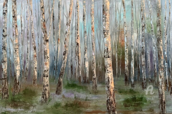 Painting titled "Birch Waltz: Betwee…" by Tanja Frost, Original Artwork, Oil