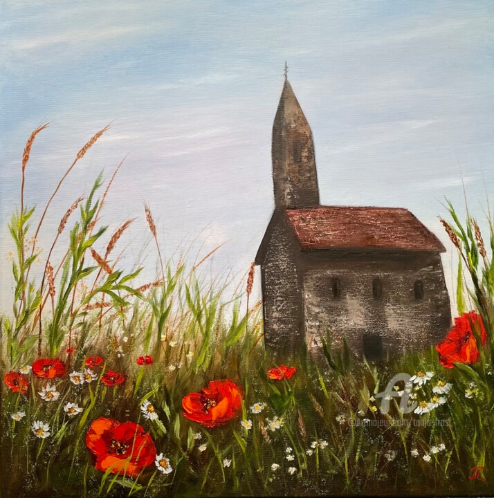 Painting titled "St. Michael's Church" by Tanja Frost, Original Artwork, Oil Mounted on Wood Stretcher frame