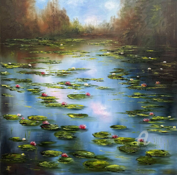Painting titled "Lilies: Oasis of Se…" by Tanja Frost, Original Artwork, Oil Mounted on Wood Stretcher frame