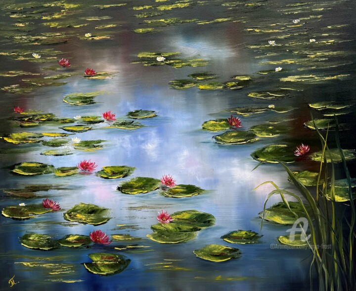 Painting titled "Water Lilies on the…" by Tanja Frost, Original Artwork, Oil Mounted on Wood Stretcher frame