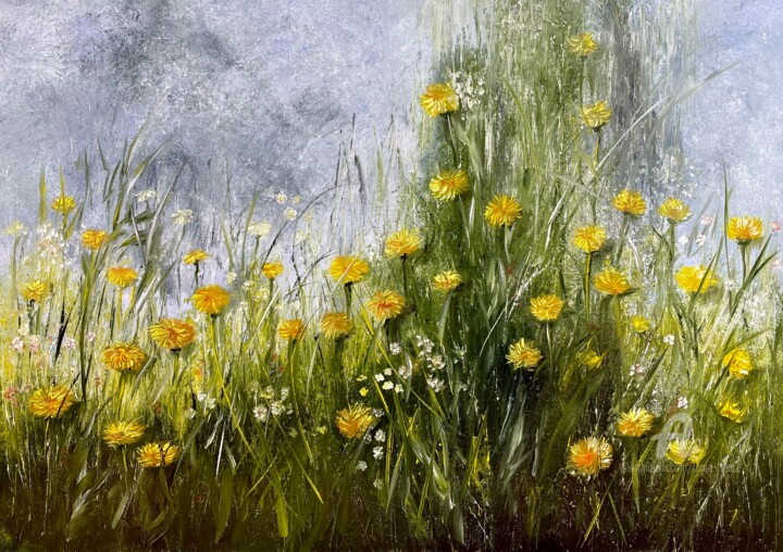 Картина под названием "Yellow dandelions" - Tanja Frost, Подлинное произведение искусства, Масло Установлен на Деревянная ра…