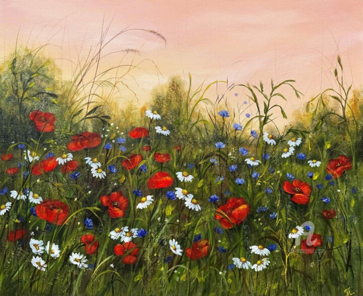 Painting titled "Red poppies field" by Tanja Frost, Original Artwork, Acrylic