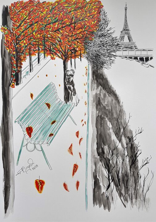 Dessin intitulée "automne" par Tanja Niegsch, Œuvre d'art originale, Gouache