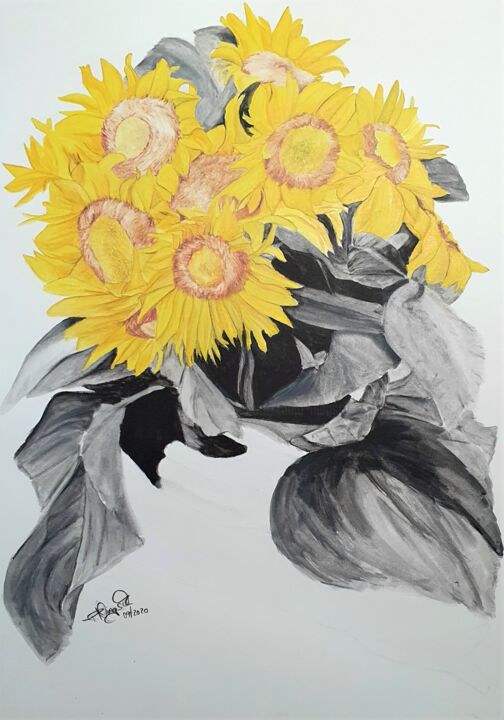 Drawing titled "the sun in flowers" by Tanja Niegsch, Original Artwork, Watercolor
