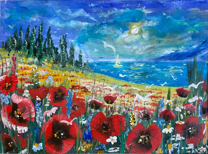 Painting titled "Poppies on the field" by Tanja Olsson, Original Artwork, Gouache