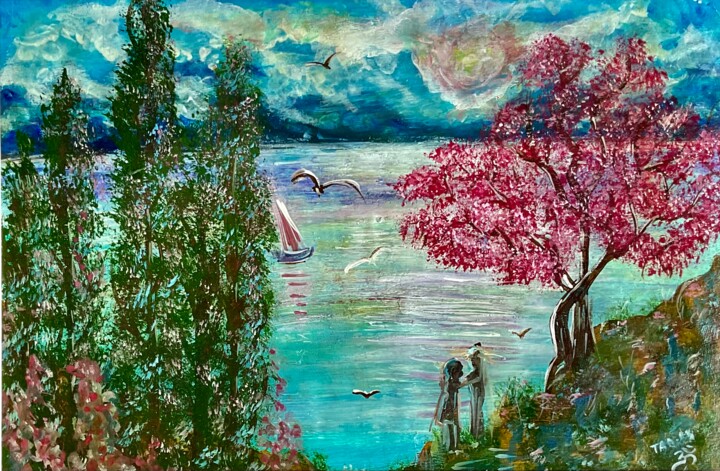 Pintura titulada "Meeting on the lake" por Tanja Olsson, Obra de arte original, Gouache