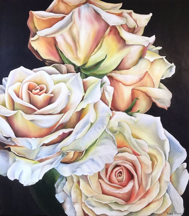 Peinture intitulée "Roses, pastel roses" par Tanya Churey, Œuvre d'art originale, Huile