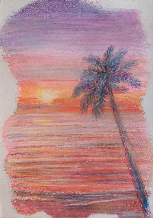 Desenho intitulada "Oceanic evening. ri…" por Tanya Dolya, Obras de arte originais, Pastel