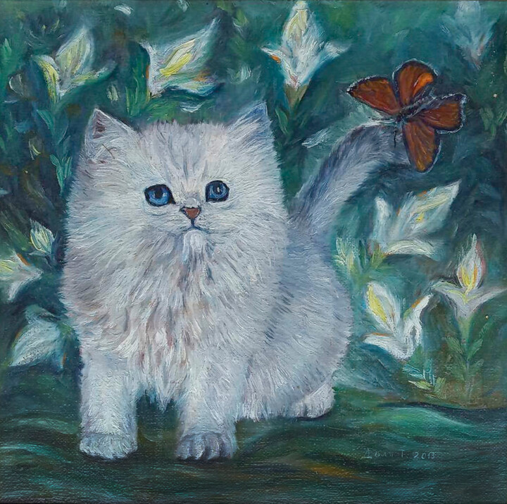 Painting titled "White kitten. Serie…" by Tanya Dolya, Original Artwork, Oil Mounted on Wood Stretcher frame