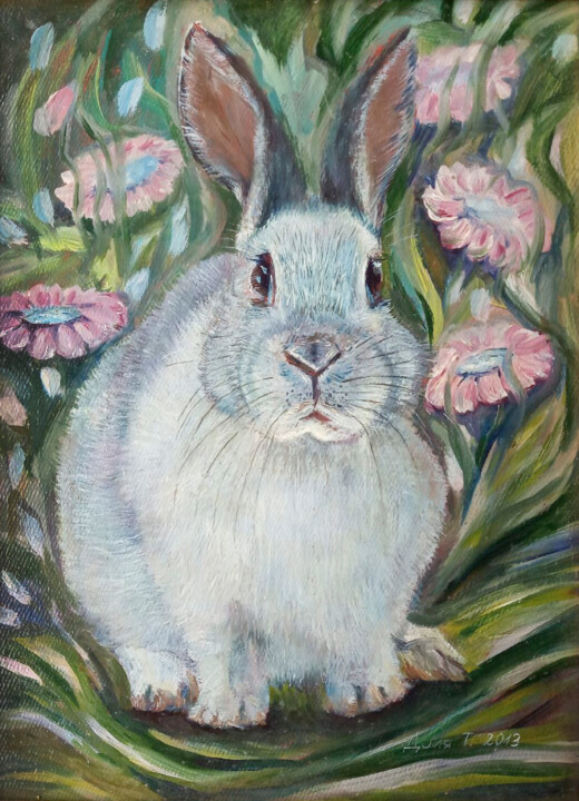 Painting titled "A white rabbit. Ser…" by Tanya Dolya, Original Artwork, Oil Mounted on Wood Stretcher frame