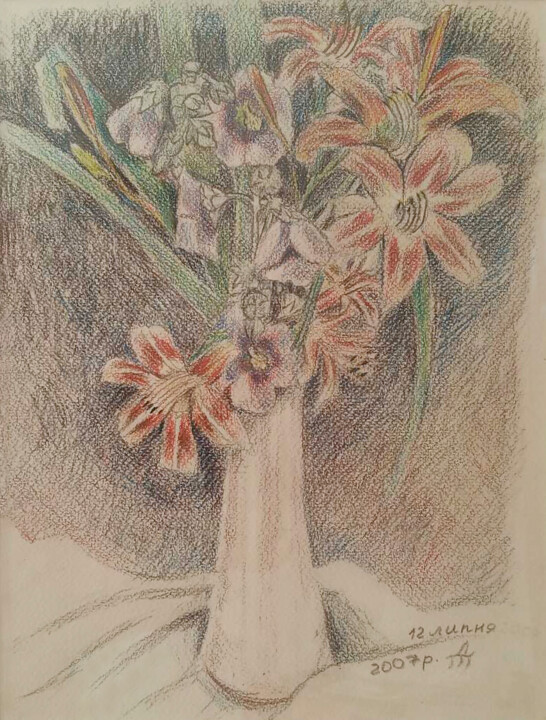 Рисунок под названием "Bouquet with lilies…" - Tanya Dolya, Подлинное произведение искусства, Карандаш Установлен на Деревян…