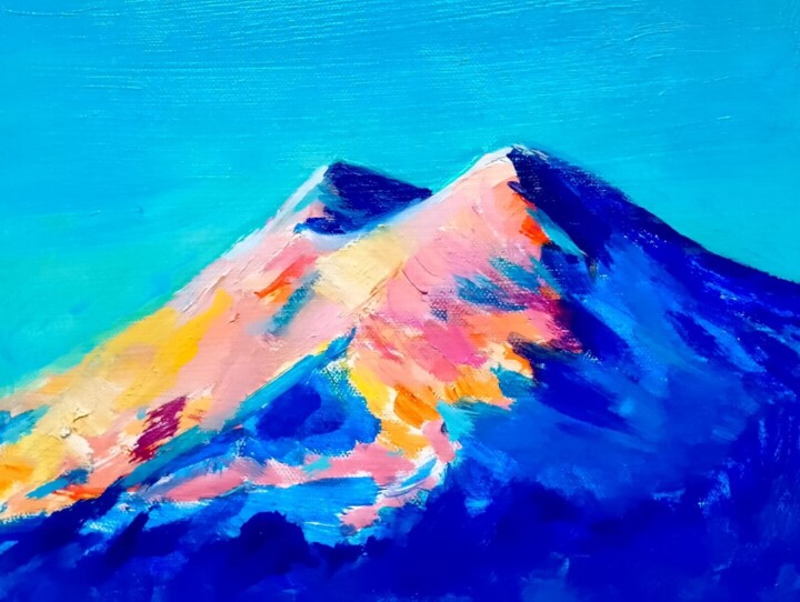 Painting titled "Mount Elbrus at Sun…" by Tanya Firn, Original Artwork, Oil Mounted on Wood Stretcher frame