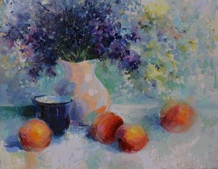 Painting titled "Nature morte aux pê…" by Tanya Firn, Original Artwork, Oil