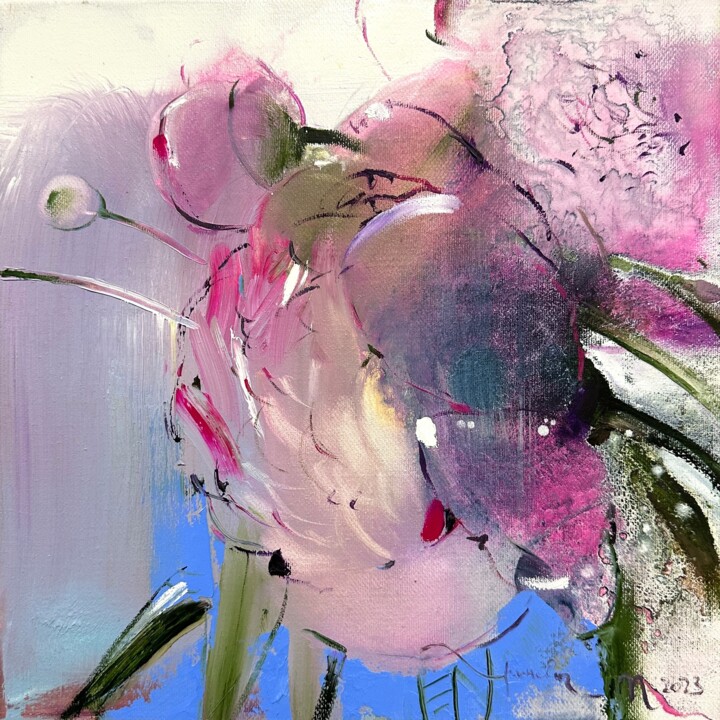 Painting titled "Peony" by Tanya Grinevich, Original Artwork, Oil Mounted on Wood Stretcher frame
