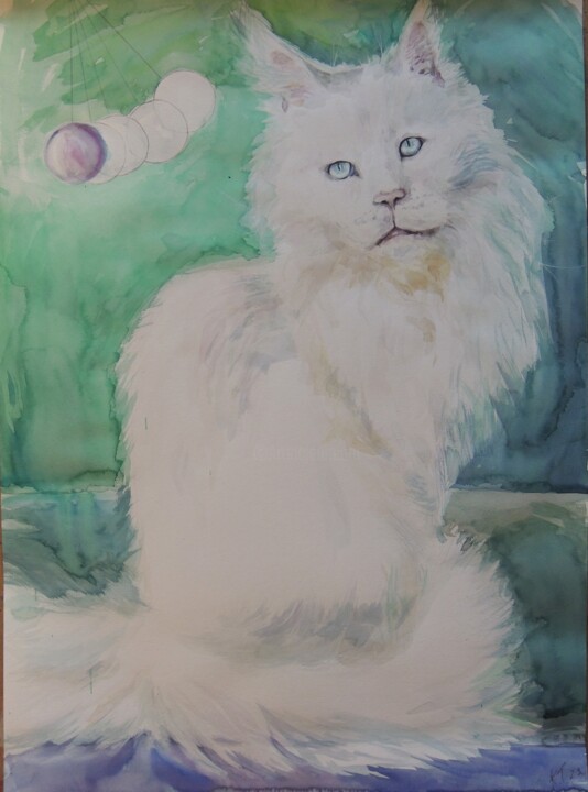 Painting titled "Great White Cat" by Tanya Kutsenko, Original Artwork, Watercolor