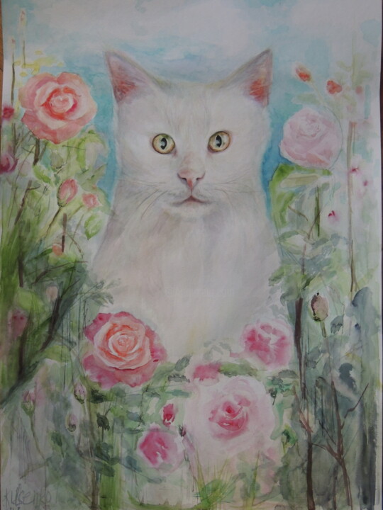 Peinture intitulée "White cat and roses" par Tanya Kutsenko, Œuvre d'art originale, Aquarelle