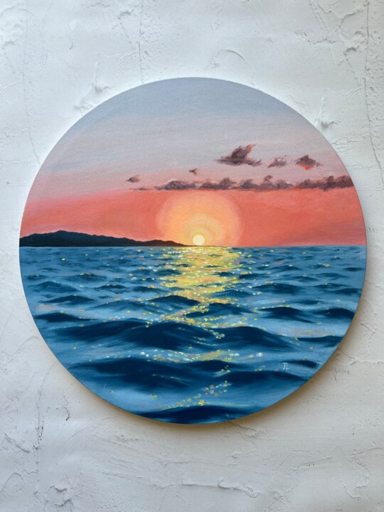 Painting titled "Sunset on the sea" by Tanya Lotsmanova, Original Artwork, Oil Mounted on Wood Stretcher frame
