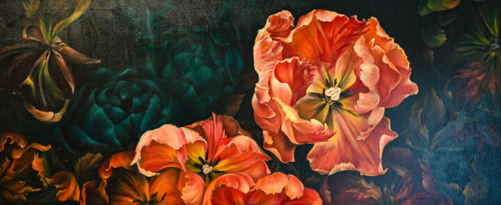 Painting titled "Night tulips" by Tanya Shark, Original Artwork, Oil