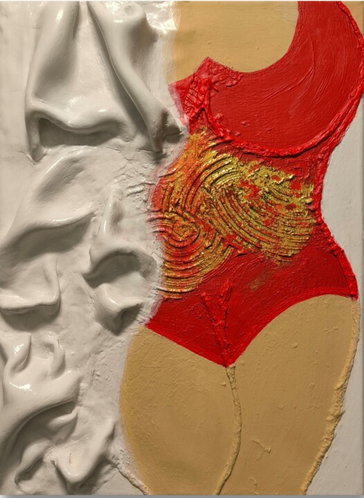 Painting titled "Lady in Red is Danc…" by Tanya Silva, Original Artwork, Clay Mounted on Wood Stretcher frame