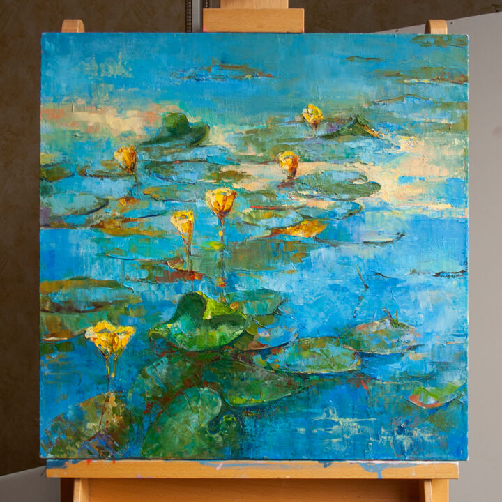 Tranquil water lilies pond ! Round canvas painting! Ready to hang on wall  Painting by Amita Dand