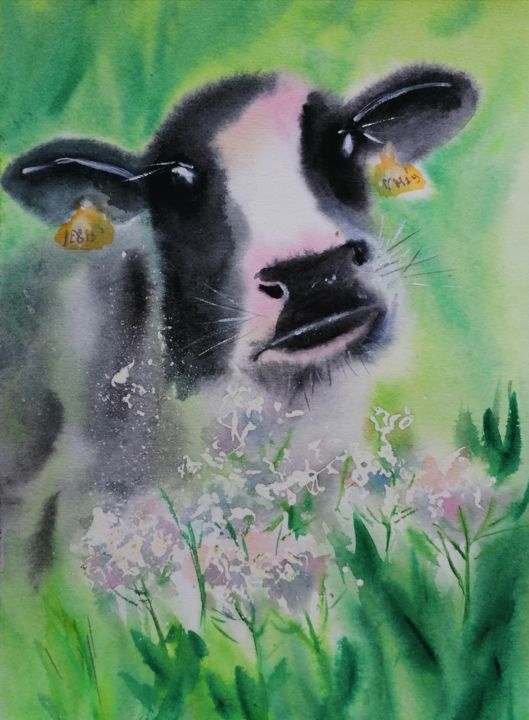 Schilderij getiteld "Une vache" door Tatianaku, Origineel Kunstwerk, Aquarel