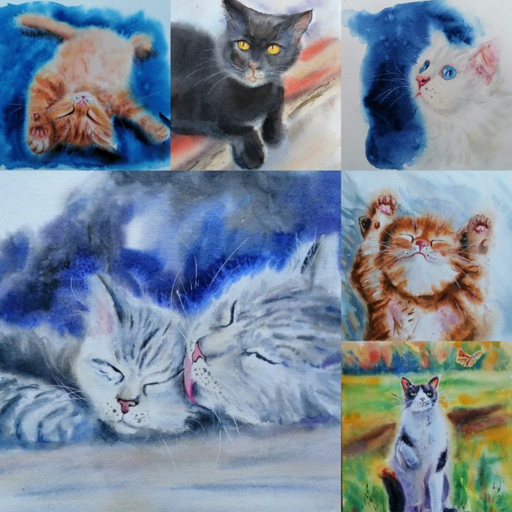 Malarstwo zatytułowany „Сute cats / Chats m…” autorstwa Tatianaku, Oryginalna praca, Akwarela