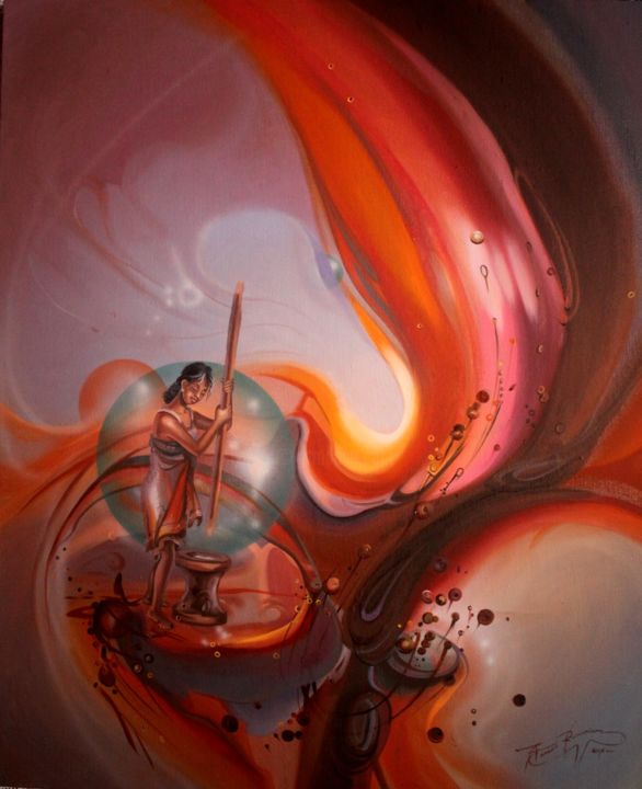 Peinture intitulée "pileuse de riz" par Taraoo, Œuvre d'art originale, Huile