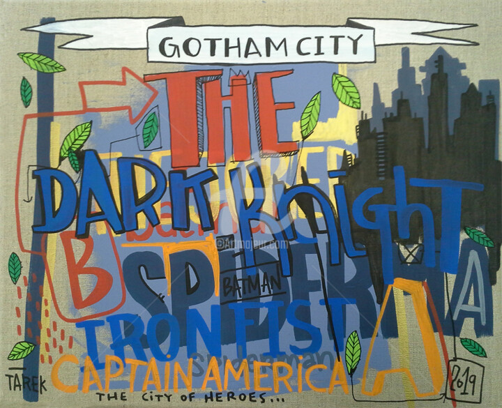 Painting titled "Gotham city" by Tarek Ben Yakhlef, Original Artwork, Acrylic