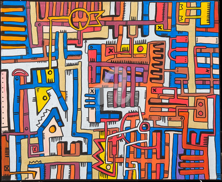 Painting titled "Geometrik #1" by Tarek Ben Yakhlef, Original Artwork, Marker Mounted on Wood Stretcher frame