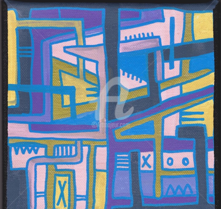 Painting titled "Geometrik blue" by Tarek Ben Yakhlef, Original Artwork, Marker Mounted on Wood Stretcher frame