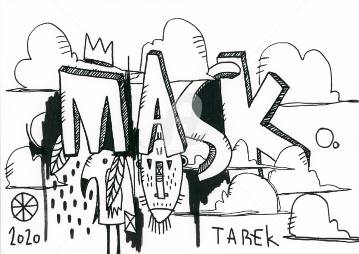 Drawing titled "Mask" by Tarek Ben Yakhlef, Original Artwork, Ink