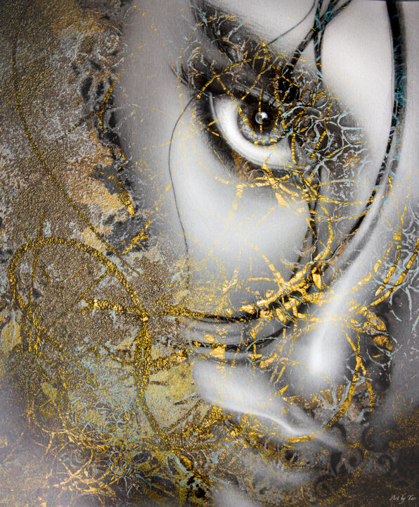 Peinture intitulée "Eyes on the gold" par Art By Tar (Www.Artbytar.Nl), Œuvre d'art originale, Graphite Monté sur Aluminium