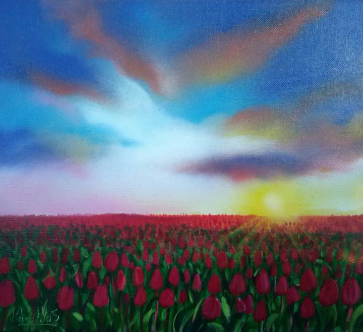 Peinture intitulée "champ de tulipe" par Vitoko, Œuvre d'art originale, Bombe aérosol
