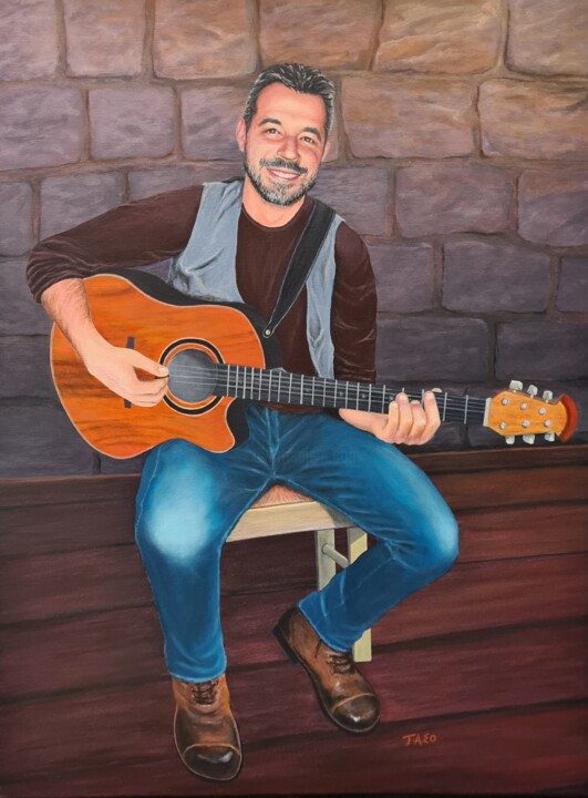 Painting titled "Guitarist man" by Taso, Original Artwork, Acrylic Mounted on Wood Panel