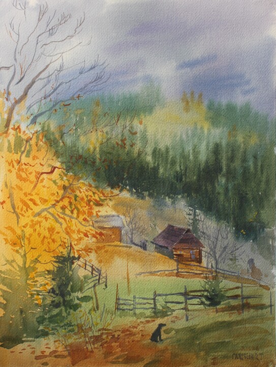 Painting titled "Autumn in the yard" by Tatiana Gliadchenko, Original Artwork, Watercolor