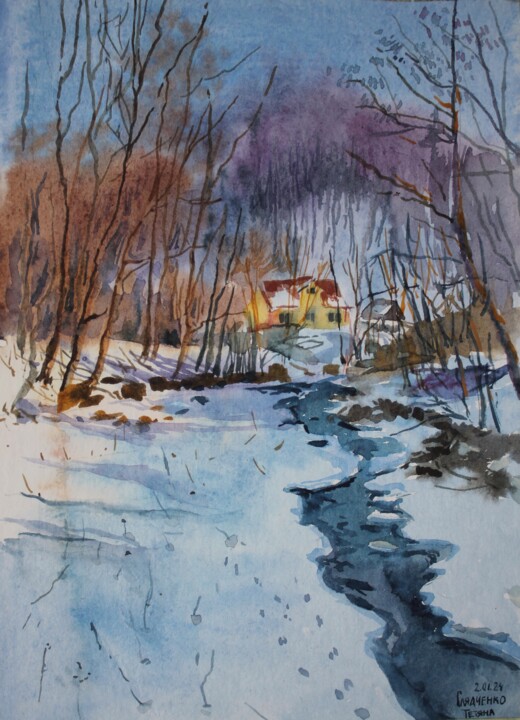Schilderij getiteld "Winter" door Tatiana Gliadchenko, Origineel Kunstwerk, Aquarel