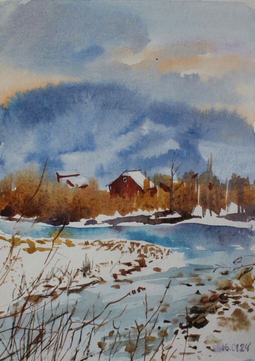 Pintura intitulada "Icy winter" por Tatiana Gliadchenko, Obras de arte originais, Aquarela