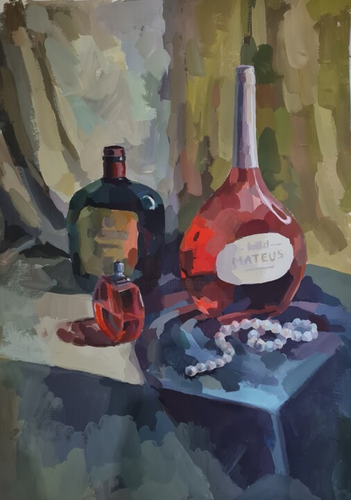 Painting titled "натюрморт с вином" by Tat Ana Maksimova, Original Artwork, Tempera