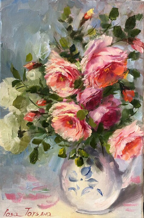 Painting titled "Натюрморт розы в ва…" by Tatiana Rykova (Rosa), Original Artwork, Oil