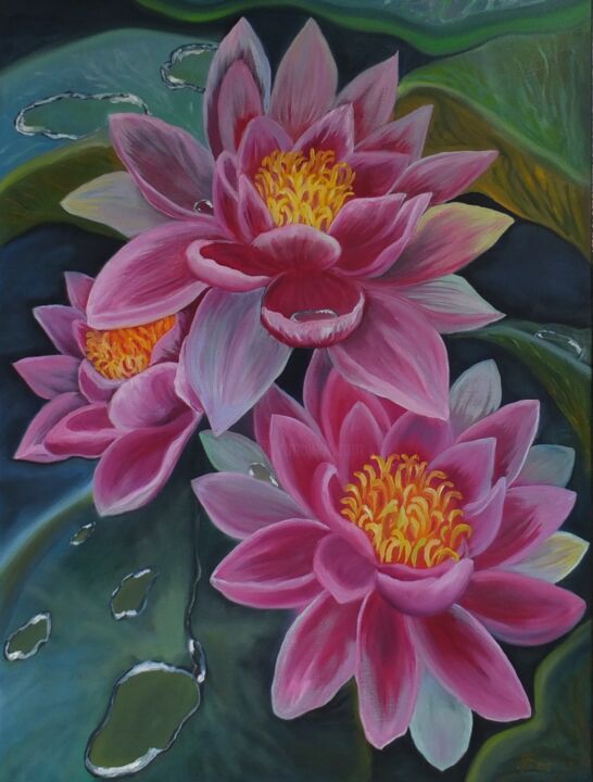 Schilderij getiteld "lotuses oil paintin…" door Tatiana Sorochan, Origineel Kunstwerk, Olie