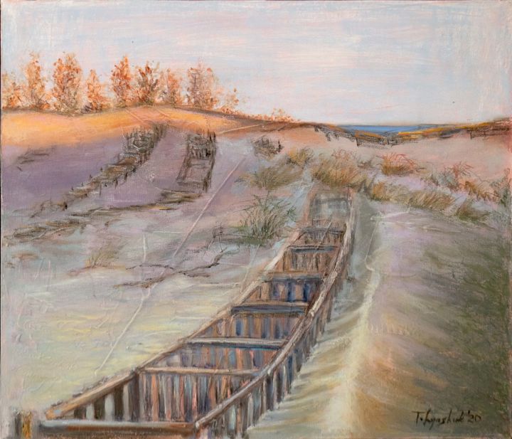 Painting titled ""In the dunes on se…" by Tatiana Lyashuk, Original Art, Oil Mounted on Wood Panel