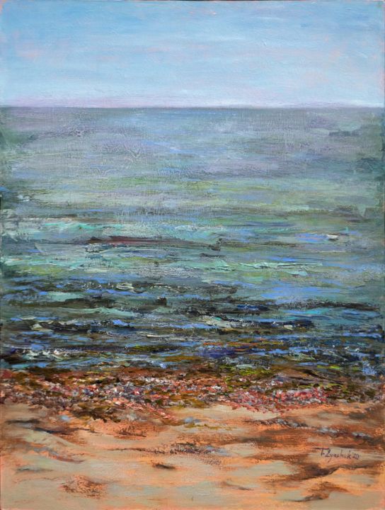 Painting titled ""Sea coast"" by Tatiana Lyashuk, Original Artwork, Oil Mounted on Wood Panel