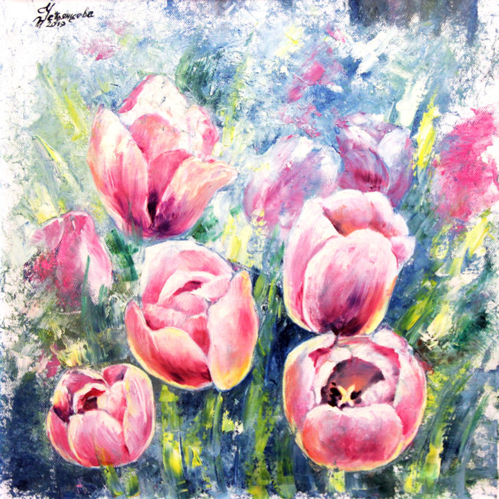 제목이 "Pink Tulips Oil Pai…"인 미술작품 Tatyana Ustyantseva로, 원작, 기름