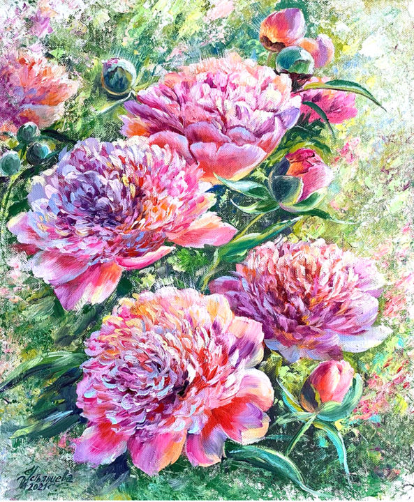 Painting titled "Peonies Oil Painting" by Tatyana Ustyantseva, Original Artwork, Oil