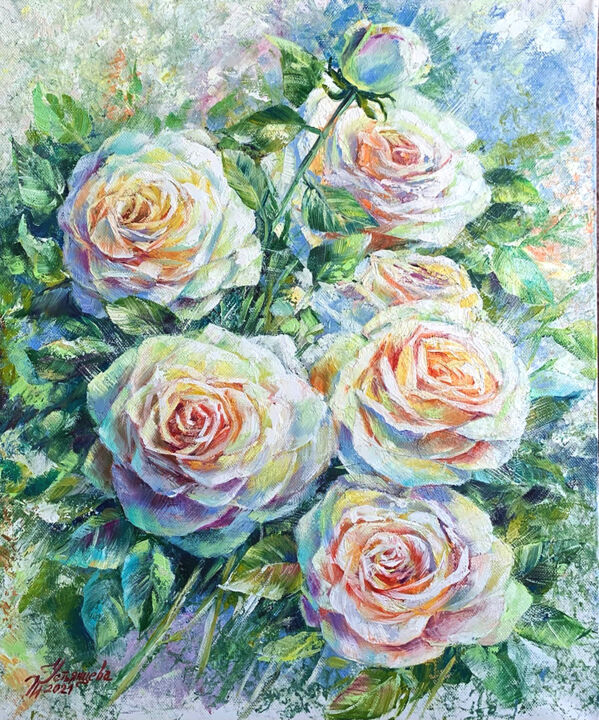 Malarstwo zatytułowany „roses blanches pein…” autorstwa Tatyana Ustyantseva, Oryginalna praca, Olej