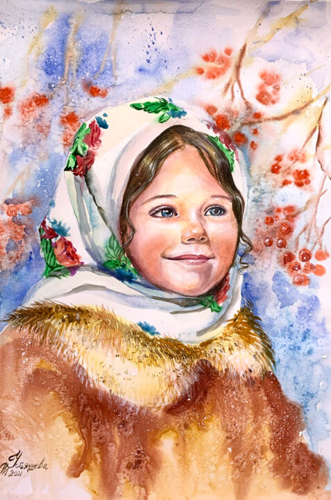 Malarstwo zatytułowany „Girl Painting Water…” autorstwa Tatyana Ustyantseva, Oryginalna praca, Akwarela