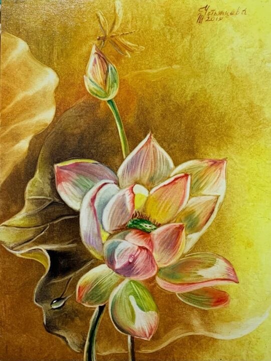 Painting titled "Lotus Oil Painting" by Tatyana Ustyantseva, Original Artwork, Oil